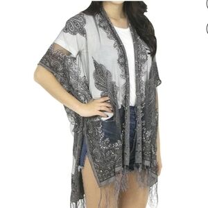 Pretty Persuasions Burnout Paisley Print Kimono Jacket OS Boho Festival Fringed